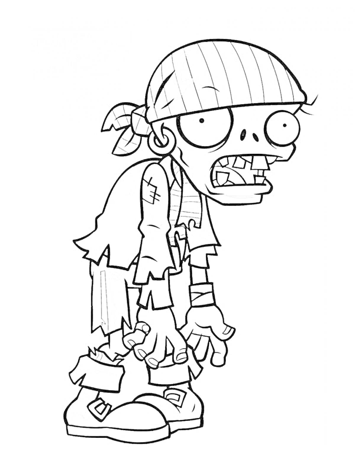 Раскраска Зомби с повязкой на голове, широкими глазами и рваными одеждами.
