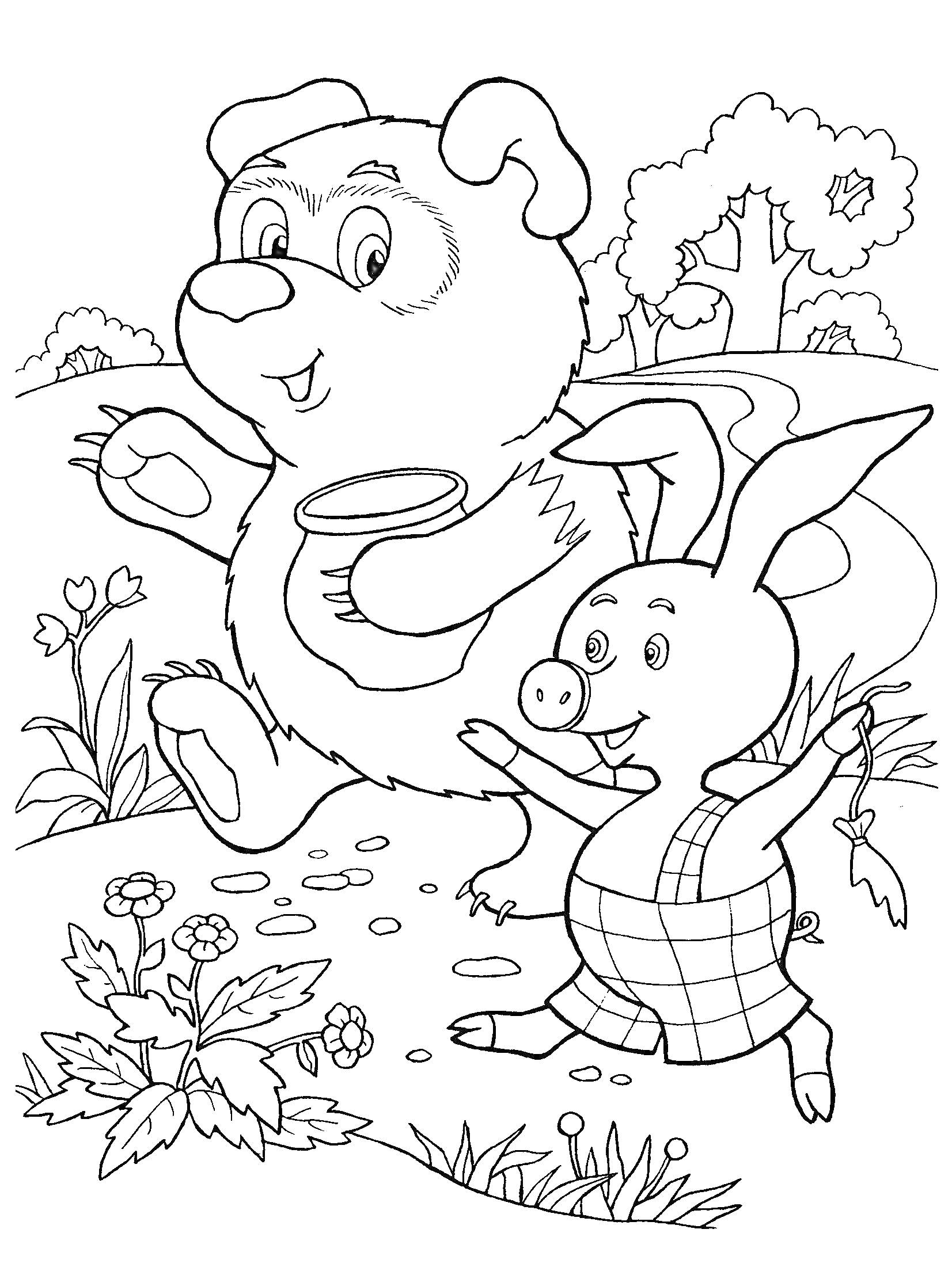 Раскраска Винни Пух и Пятачок гуляют по лесу