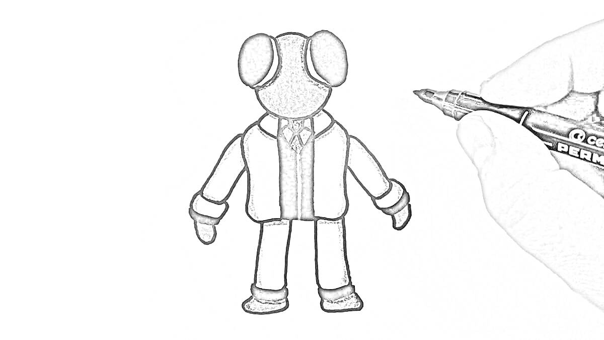 Раскраска Красный радужный друг в костюме с красными элементами, черными ушами и черным маркером в руке человека