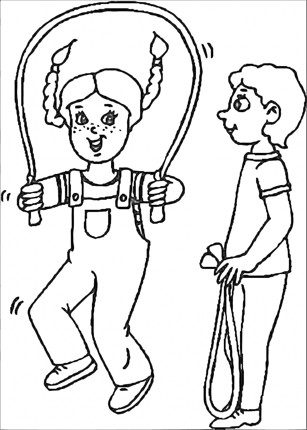 На раскраске изображено: Девочка, Мальчик, Скакалка, Спорт, Активность, Зарядка, Для детей