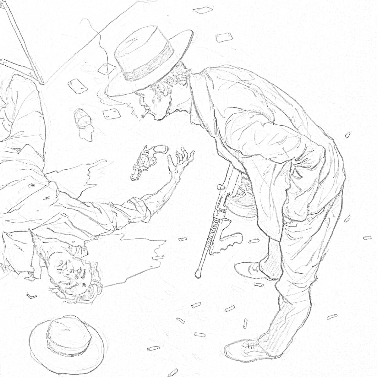 Раскраска Упавший человек на полу и человек с автоматом в шляпе