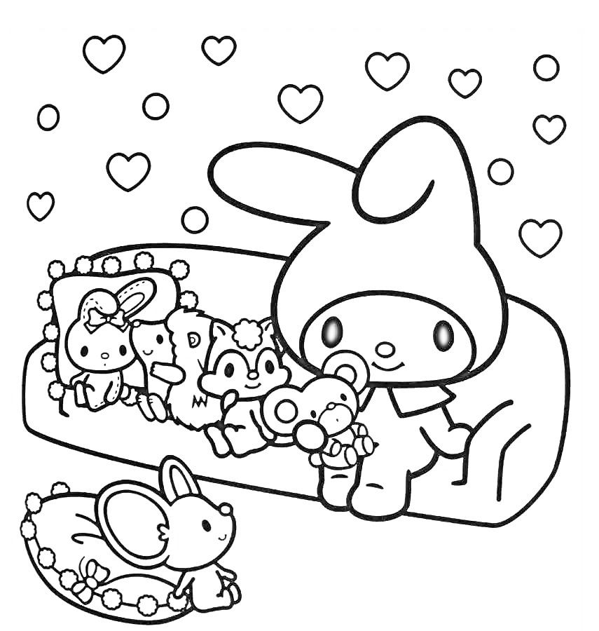 Раскраска Май Мелоди на диване с мягкими игрушками и мышонок в тапочке, вокруг летают сердечки