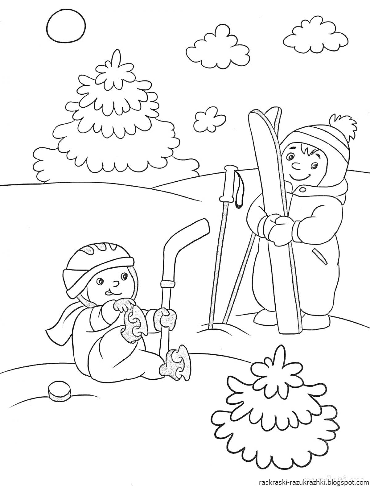 Раскраска Дети зимой, катаются на лыжах и играют в хоккей на снегу, снежинки и деревья