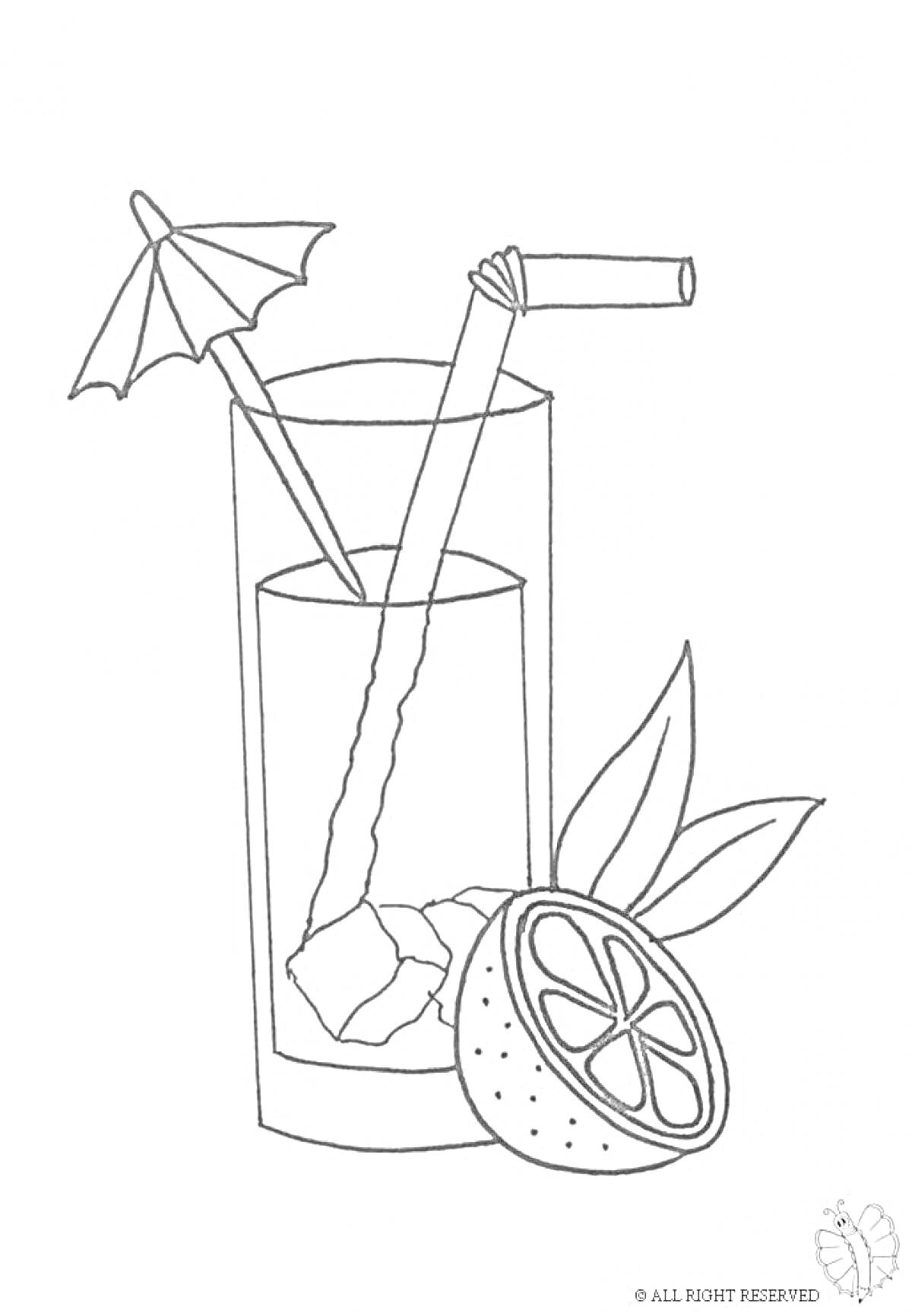 Раскраска Коктейль с трубочкой и зонтиком, половинкой лимона и листьями