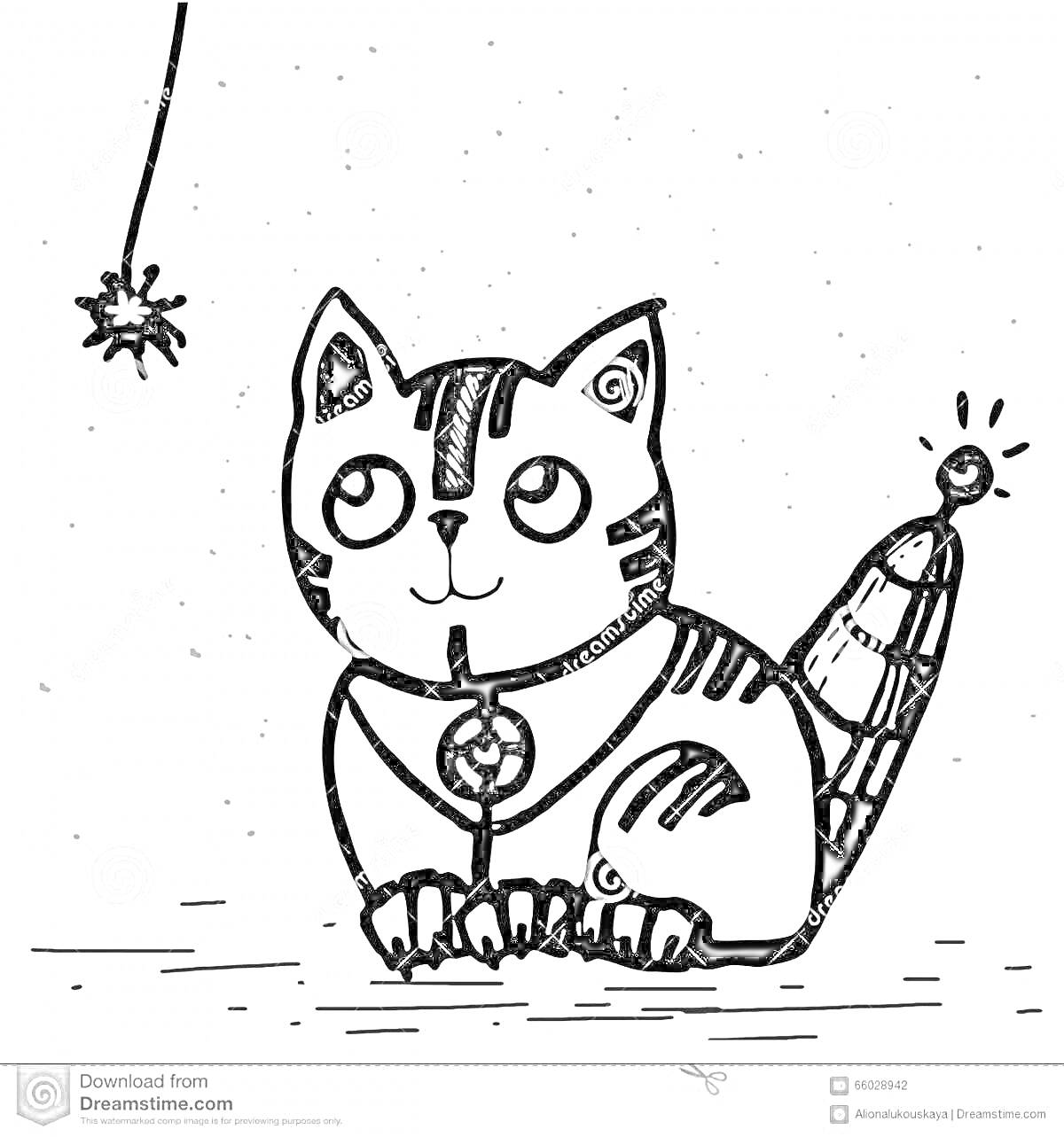 Раскраска Кот робот с полосатым хвостом-антенной и игрушкой на веревке