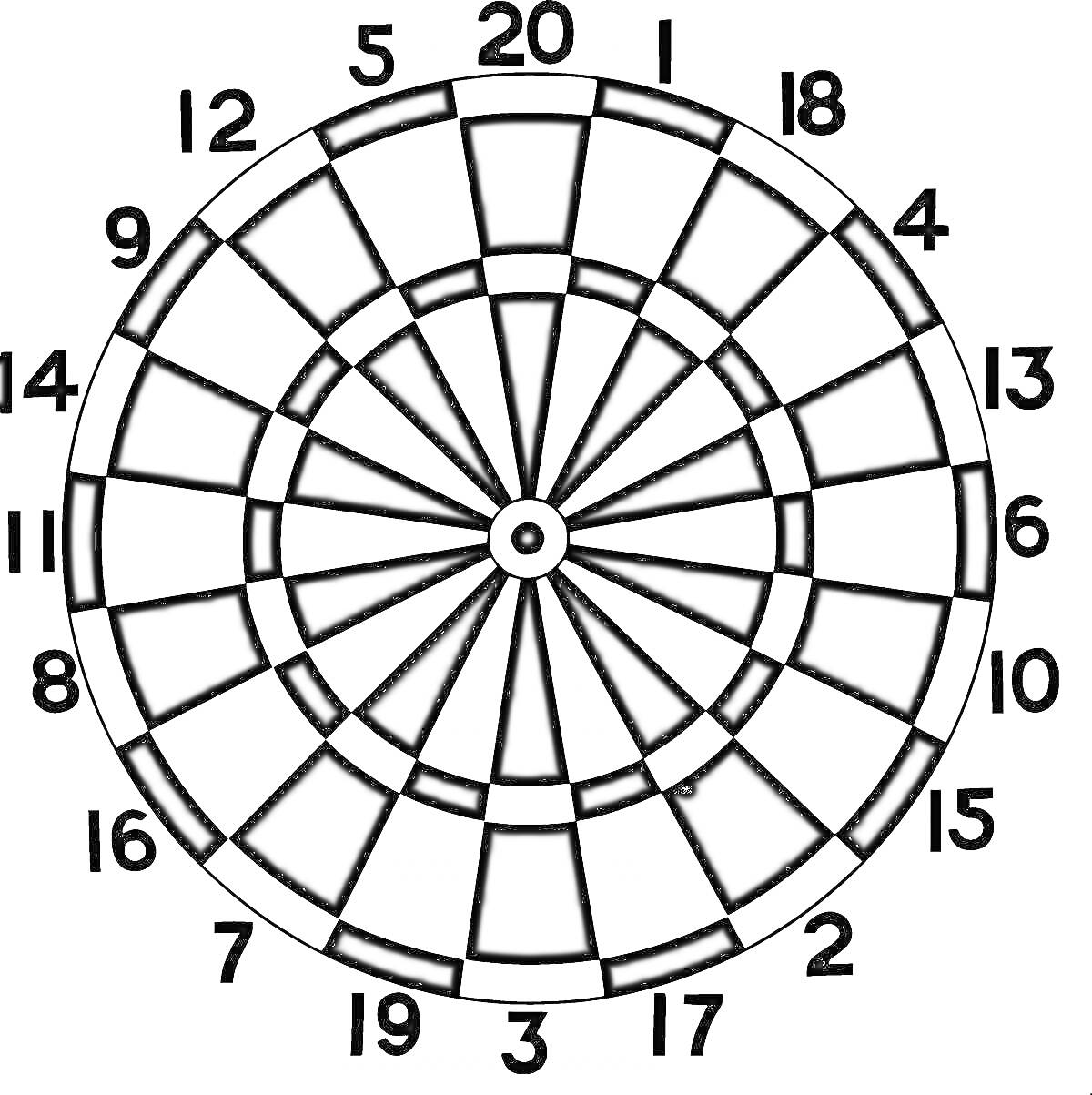 Раскраска Дартс. Игровое поле со секторами и числами от 1 до 20