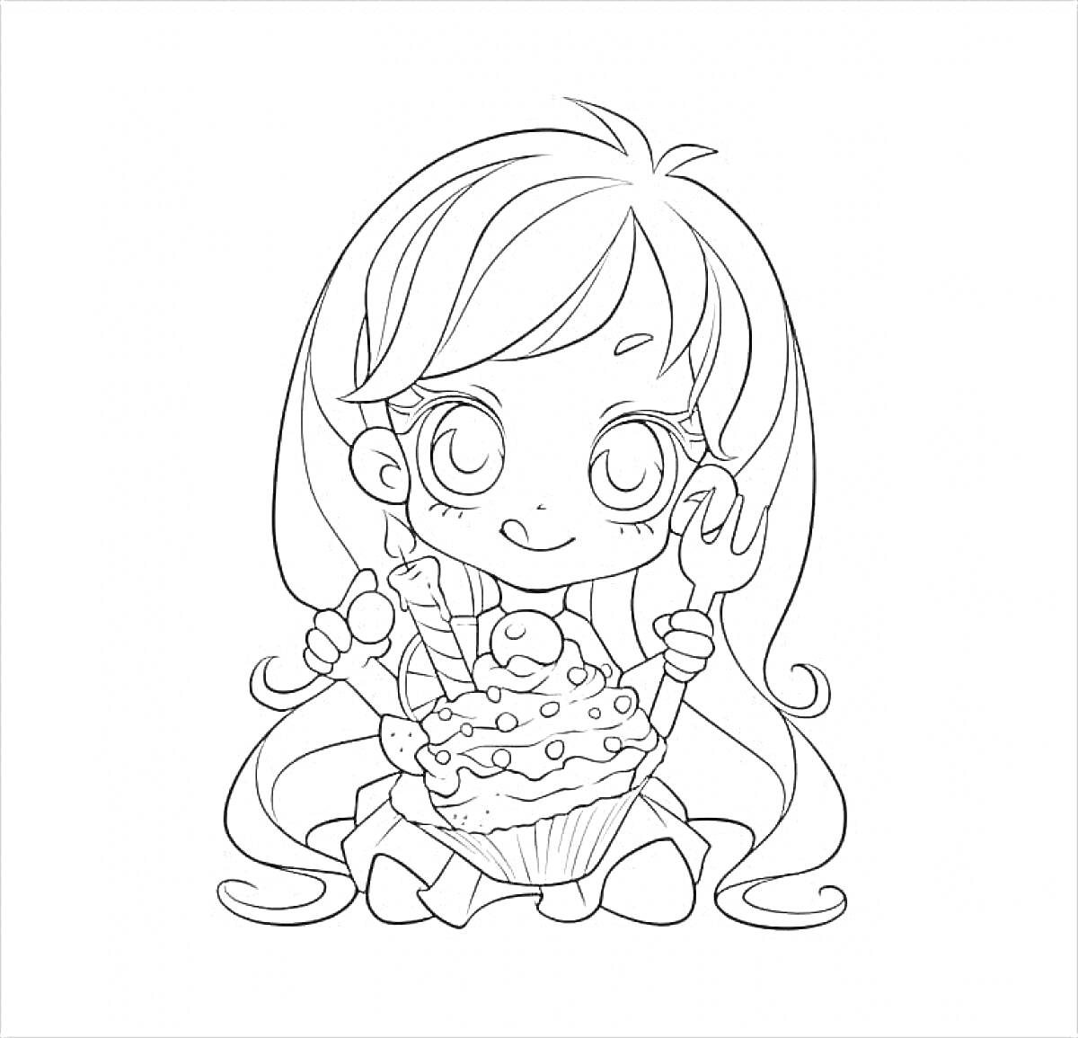 Раскраска Чиби персонаж с длинными волосами, держащий кекс и вилку