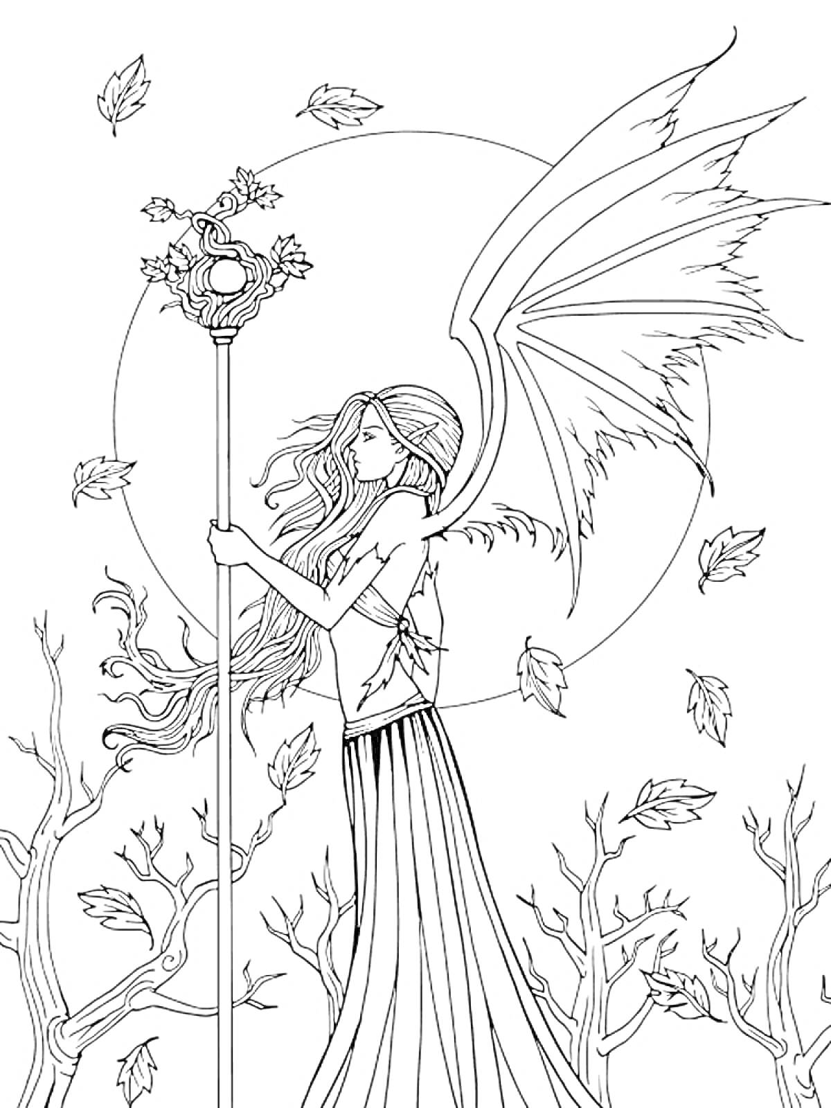 Фея с длинными волосами, крыльями и жезлом на фоне полной луны, окружённая деревьями и падающими листьями