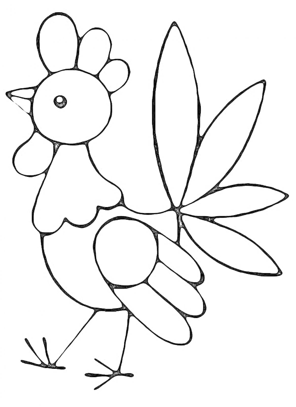 Раскраска Петушок с хвостом в форме листьев и клювом, повернутым вправо
