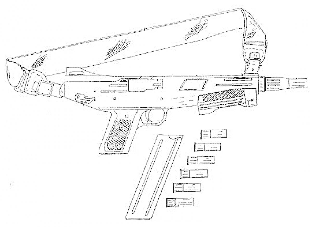 На раскраске изображено: Дробовик, Магазин, Пули, Ремень, Оружие, Пистолетная рукоятка