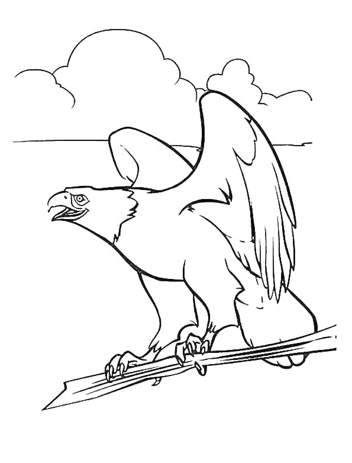 Орел, сидящий на ветке на фоне облаков