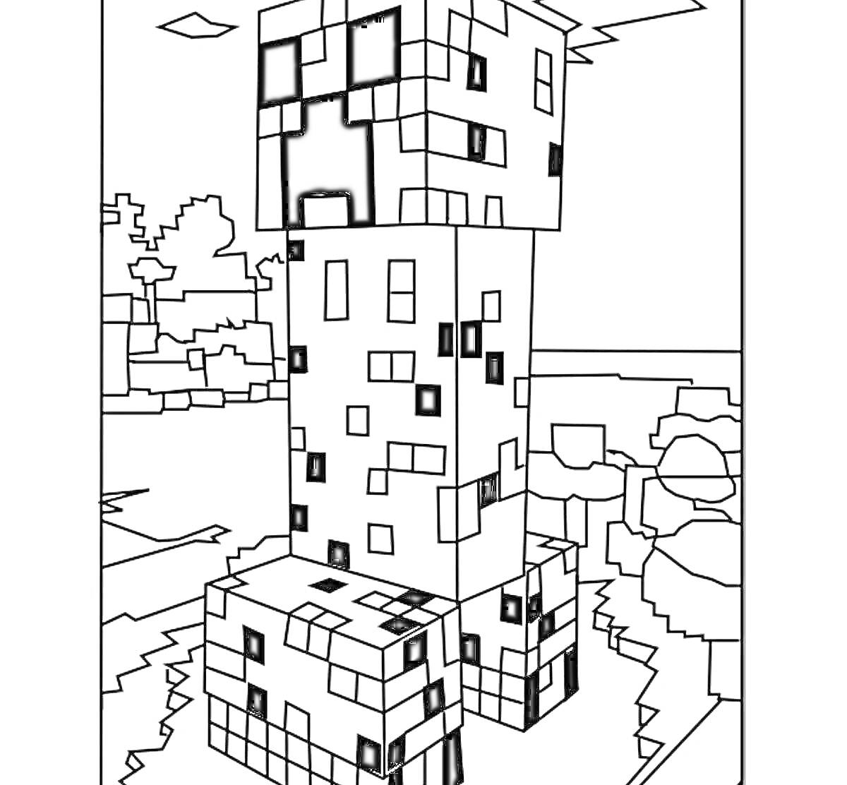 Раскраска Пиксельное построение из квадратных блоков в стиле Майнкрафт с окружающим пейзажем