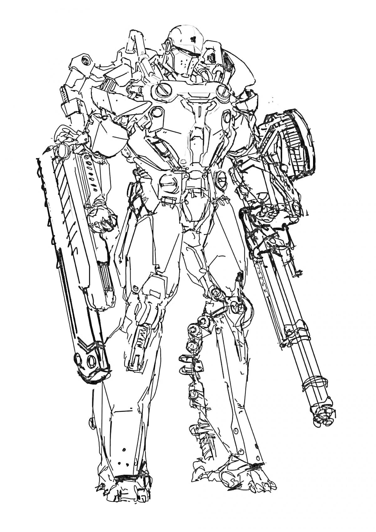 Раскраска Робот-терминатор с массивным оружием (большие пушки в обеих руках, полноценное меха-обмундирование с бронёй и шлемом)