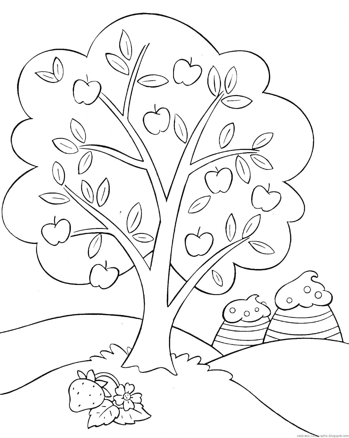 На раскраске изображено: Яблоня, Клубника, Деревья, Фрукты, Детский сад, Для детей, Природа, Старшая группа