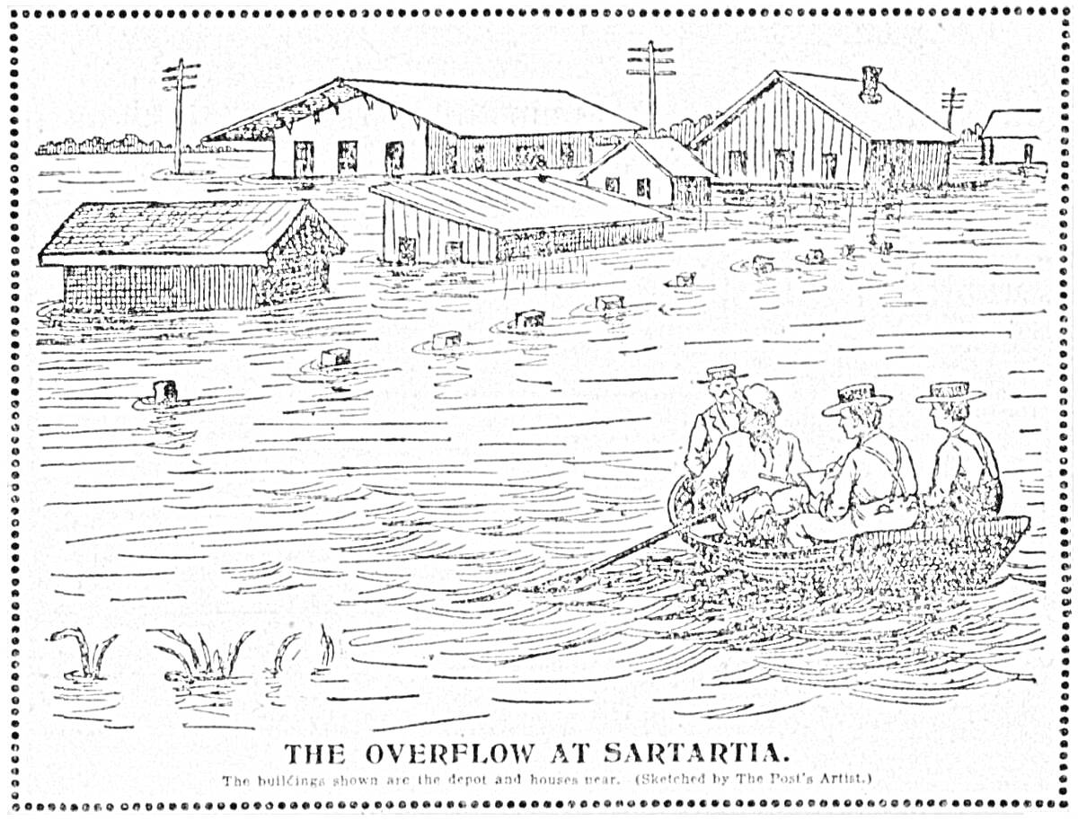 Раскраска Затопление в Сартарии с лодкой, четырьмя людьми, затопленными зданиями, домами, и электростолбами