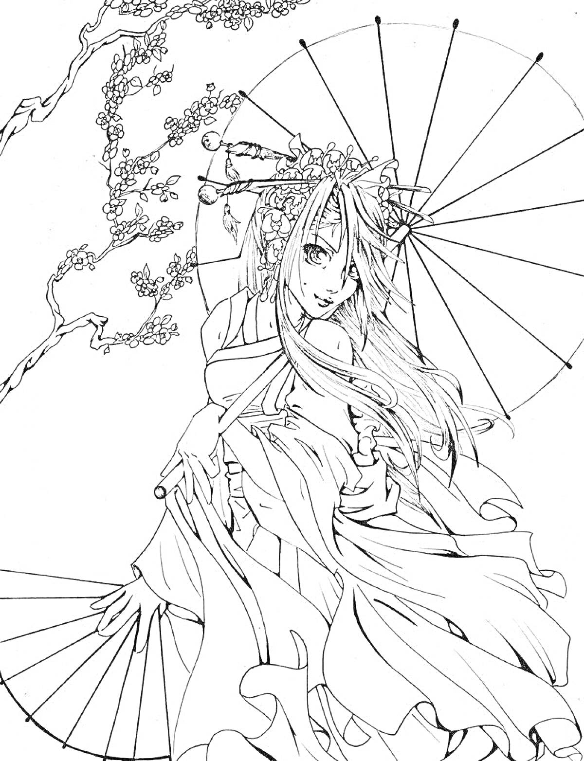 Раскраска Японская девушка с зонтом среди ветвей сакуры