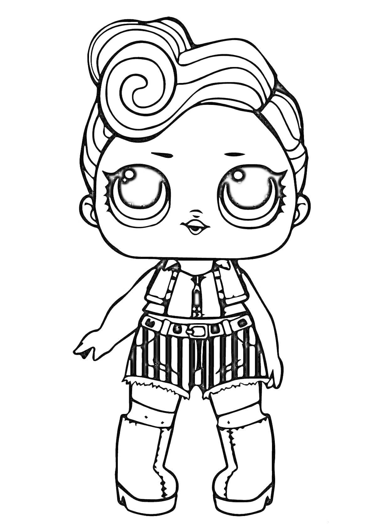 Раскраска Кукла Лол с волнистыми волосами, в комбинезоне и в высоких ботинках.