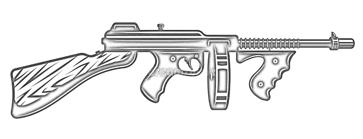 На раскраске изображено: Томпсон, Пистолет-пулемет, Оружие, Автомат, Древесина, Приклад, Рукоятка