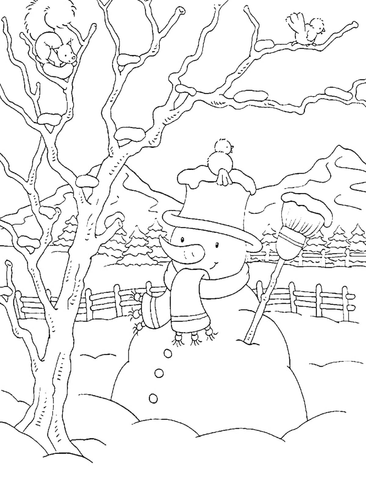 На раскраске изображено: Зимний пейзаж, Метла, Забор, Горы, Снег, Для детей, Птица, Деревья, Снеговики
