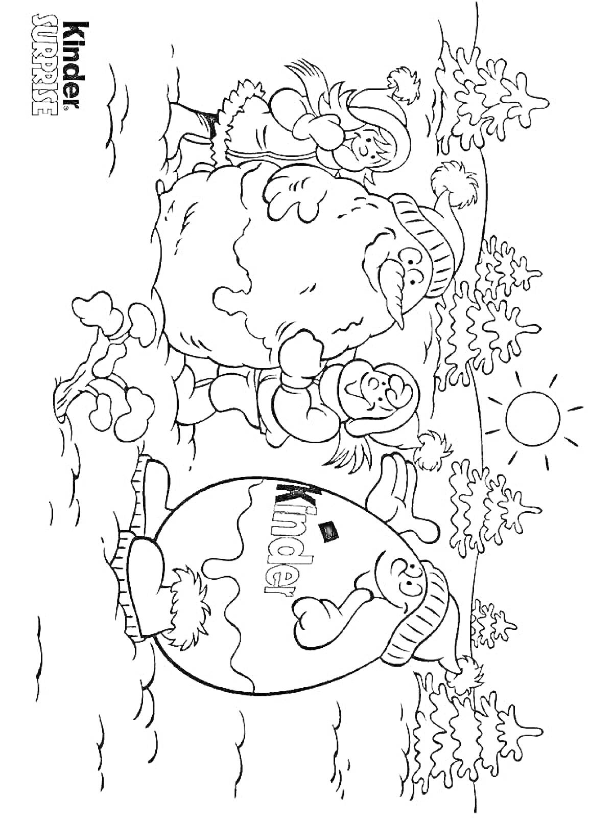 Раскраска персонажи в зимней одежде вместе с киндер-сюрпризом на фоне снежного леса и солнца