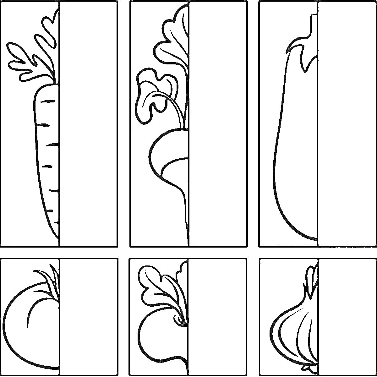 Раскраска Раскраска с изображениями овощей на половинках карточек (морковь, свекла, баклажан, помидор, репа, чеснок)