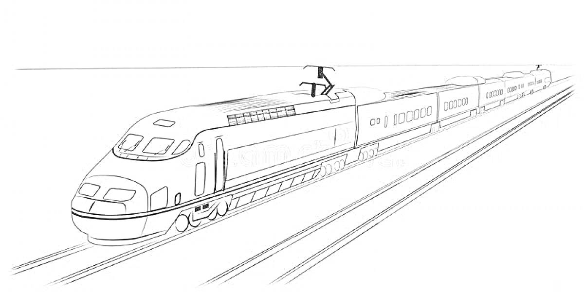 На раскраске изображено: Поезд, Ласточка, Железная дорога, Контактная сеть, Вагоны, Рельсы, Транспорт