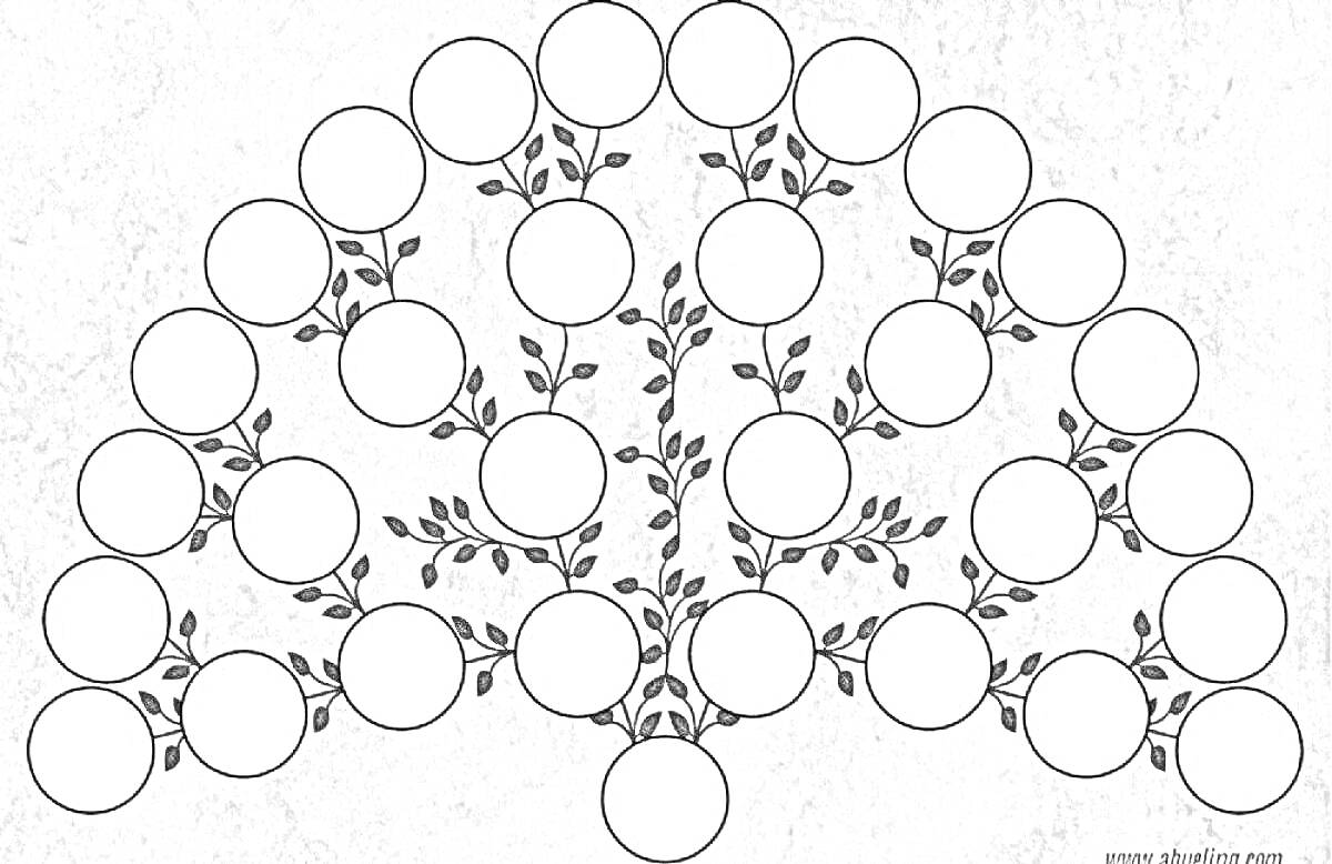 Раскраска Родословное дерево с кругами для фотографий или имен, ветви с листьями на мраморном фоне