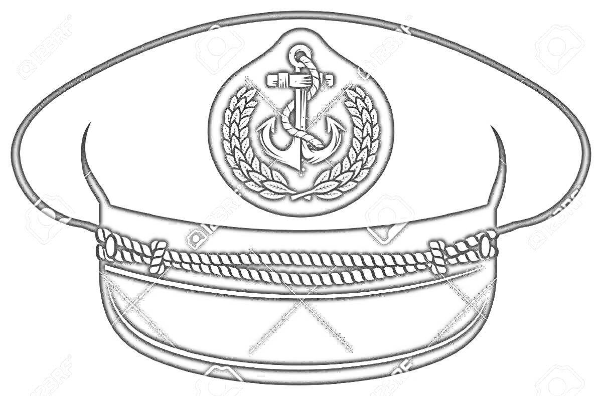 На раскраске изображено: Фуражка, Лавровый венок, Морской стиль, Капитан