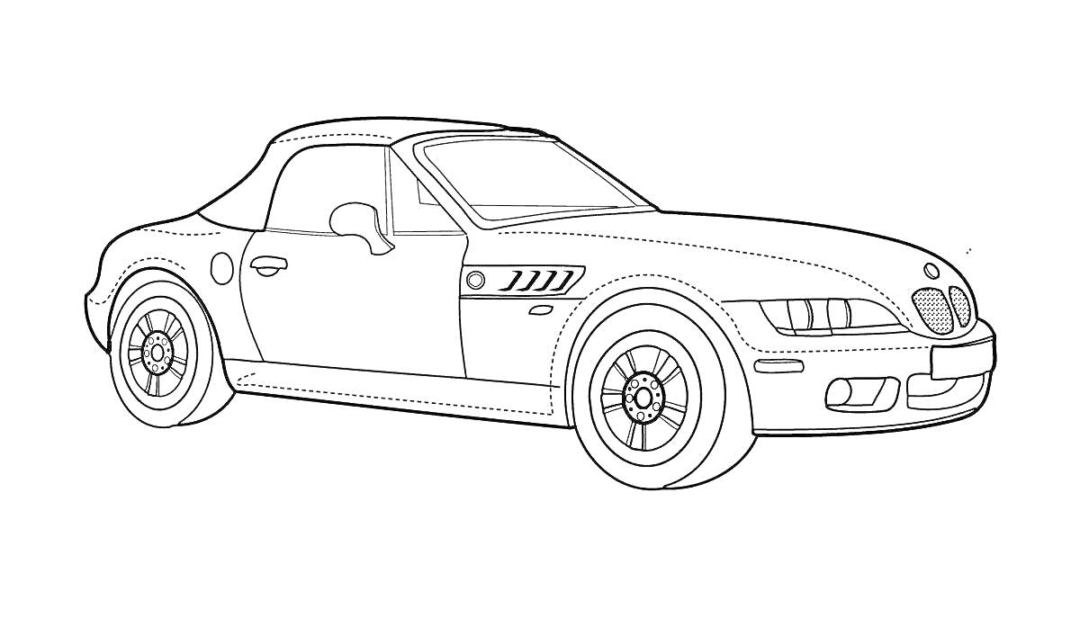 Раскраска Полицейская машина BMW Z3, вид сбоку с открытым верхом, без дополнительных деталей