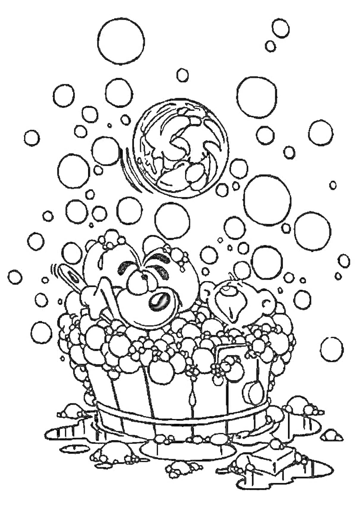 Раскраска Медвежата в ванне с пузырями
