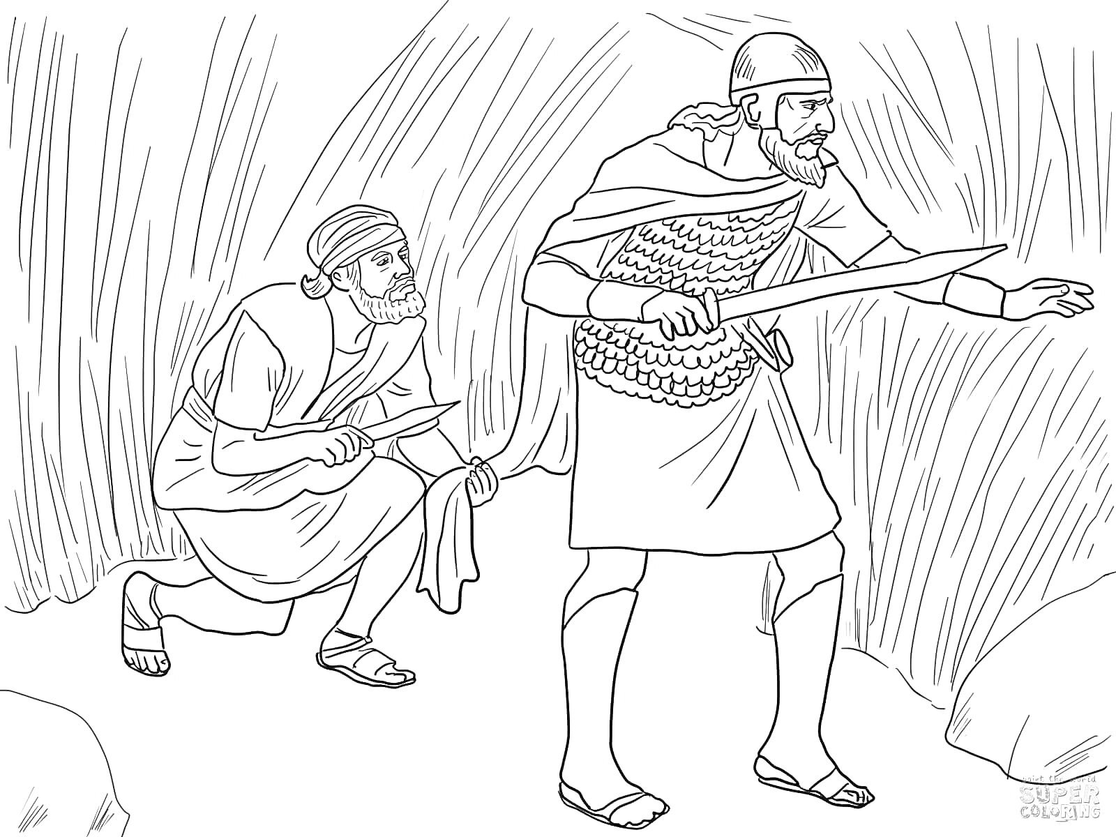 Раскраска Двое мужчин с оружием, похоже на сцену из истории с Гедеоном.