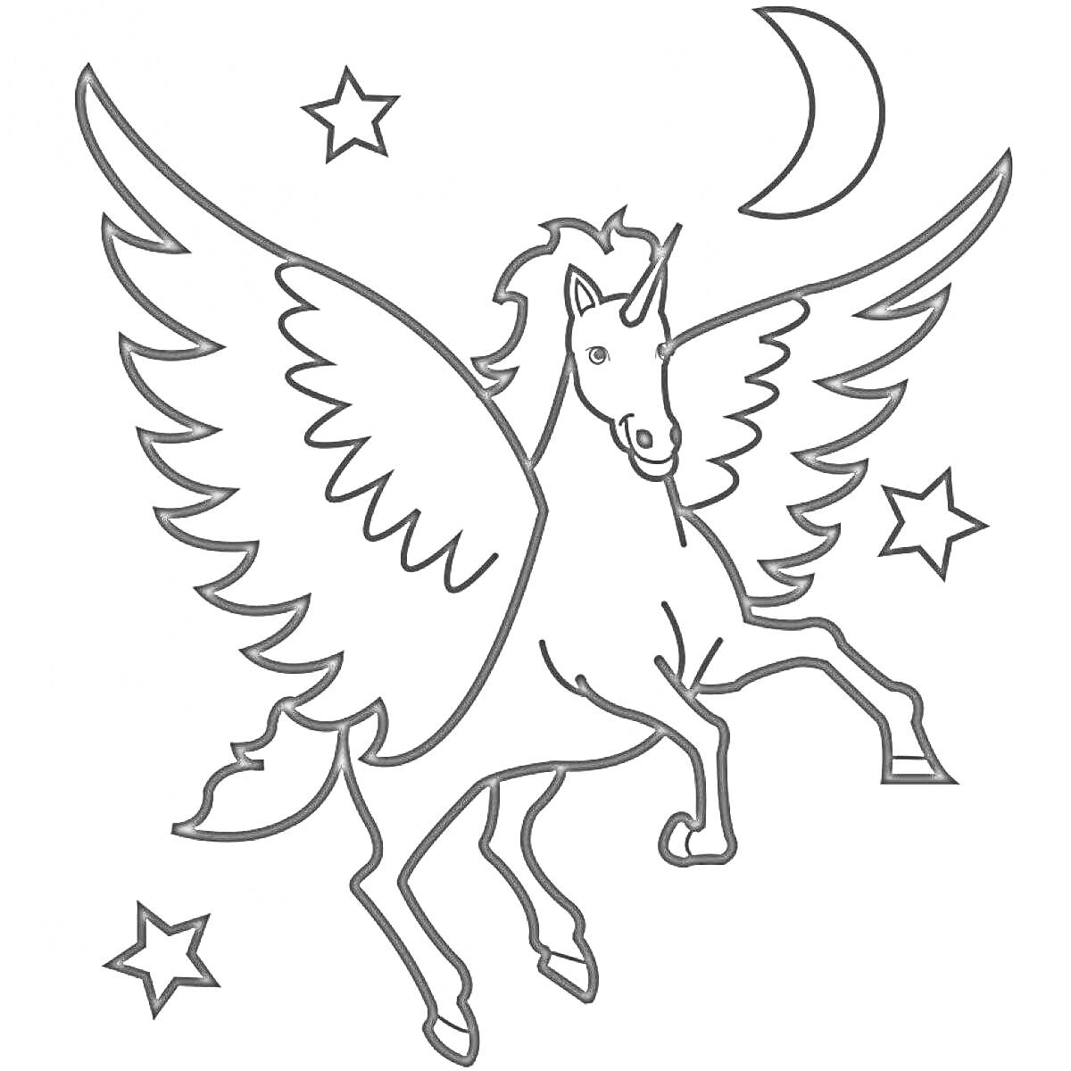 Раскраска Единорог с крыльями на фоне луны и звезд