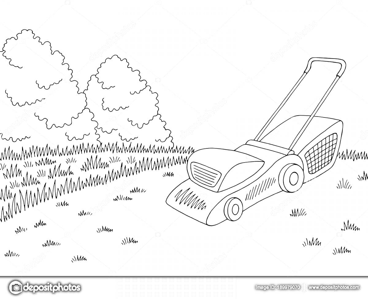 На раскраске изображено: Газонокосилка, Трава, Газон, Кусты, Деревья, Сад, Садоводство, Инструмент, Природа