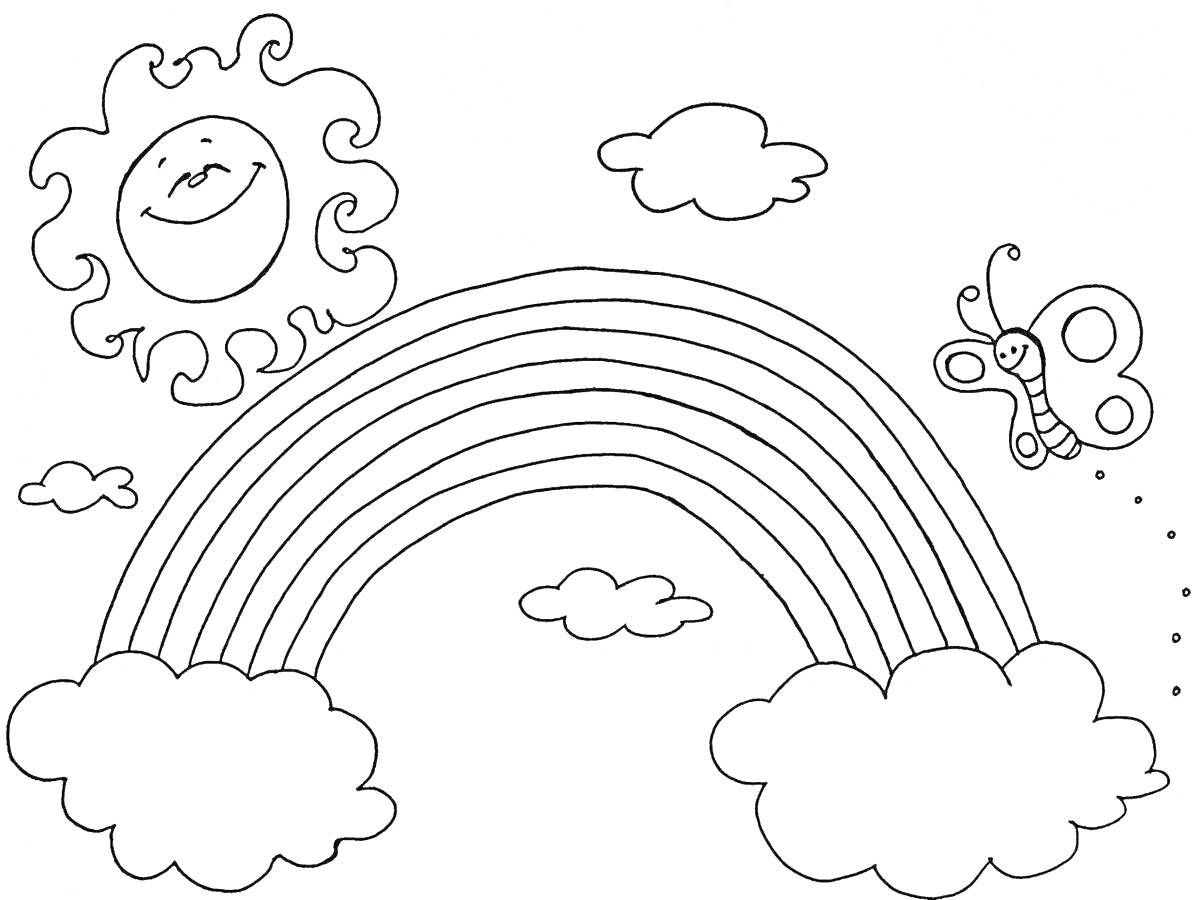 На раскраске изображено: Солнце, Облака, Бабочка, 3-4 года, Природа