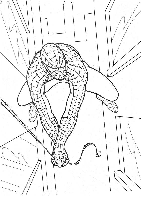 Раскраска Человек-Паук, стреляющий паутиной между высотными зданиями