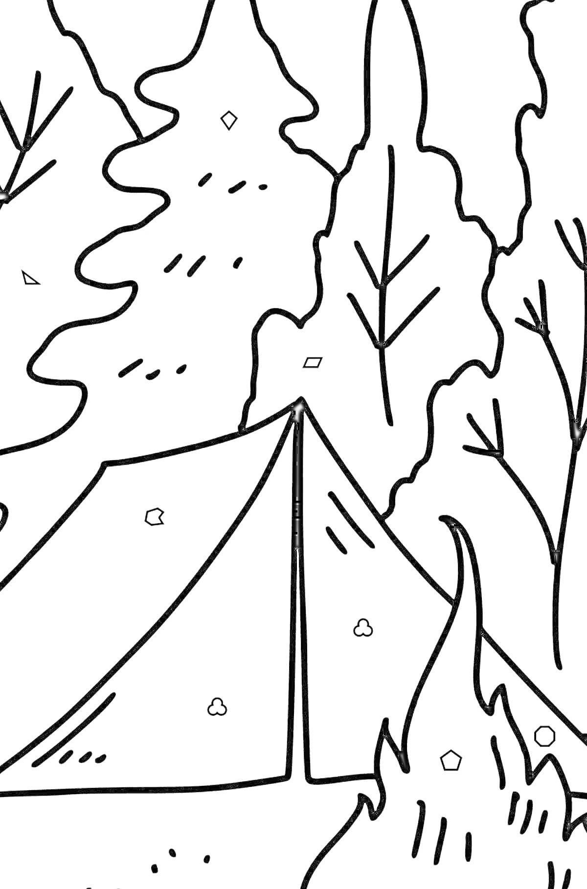 Раскраска Палатка в лесу с костром