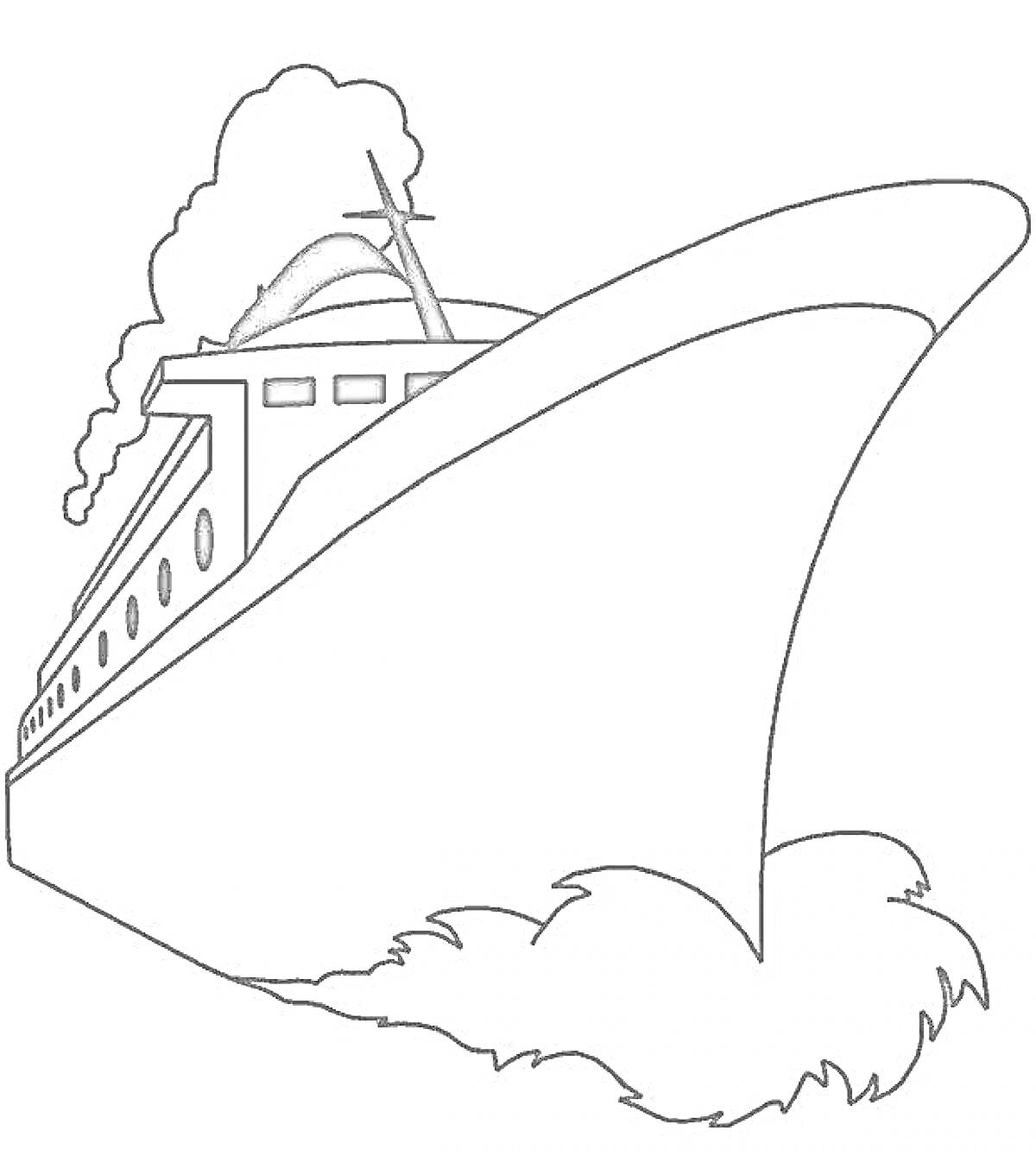 На раскраске изображено: Лайнер, Корабль, Море, Волны, Труба