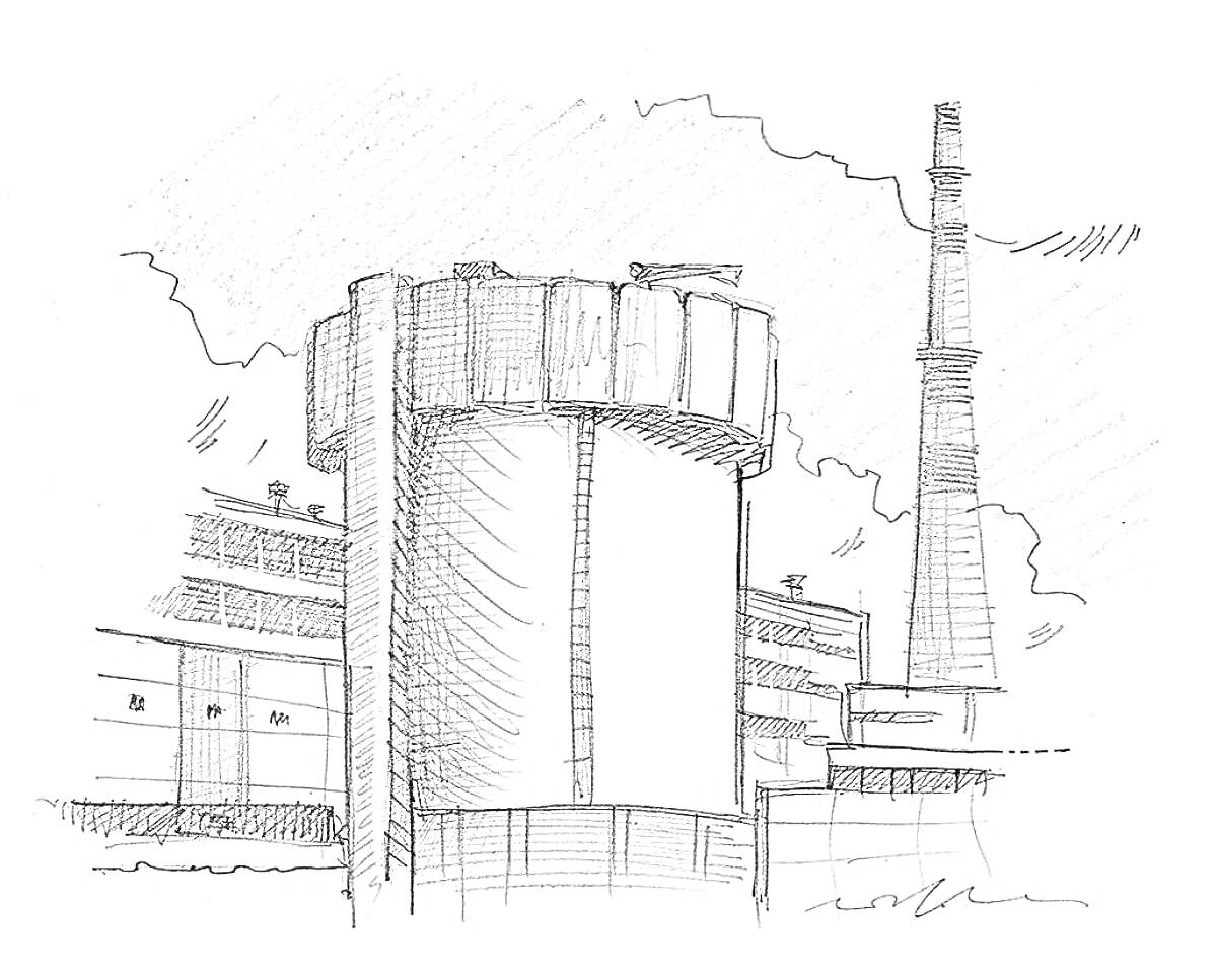 Чернобыльская атомная электростанция с трубой и промышленным зданием