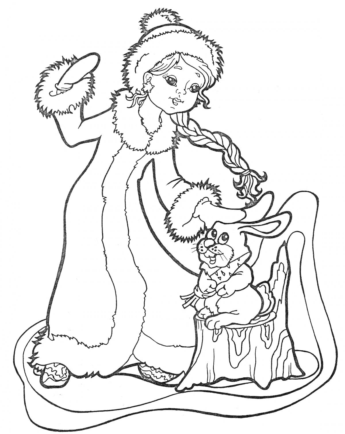 На раскраске изображено: Снегурочка, Кролик, Пень, Зима, Пуховик, Шапка, Коса, Рукавицы