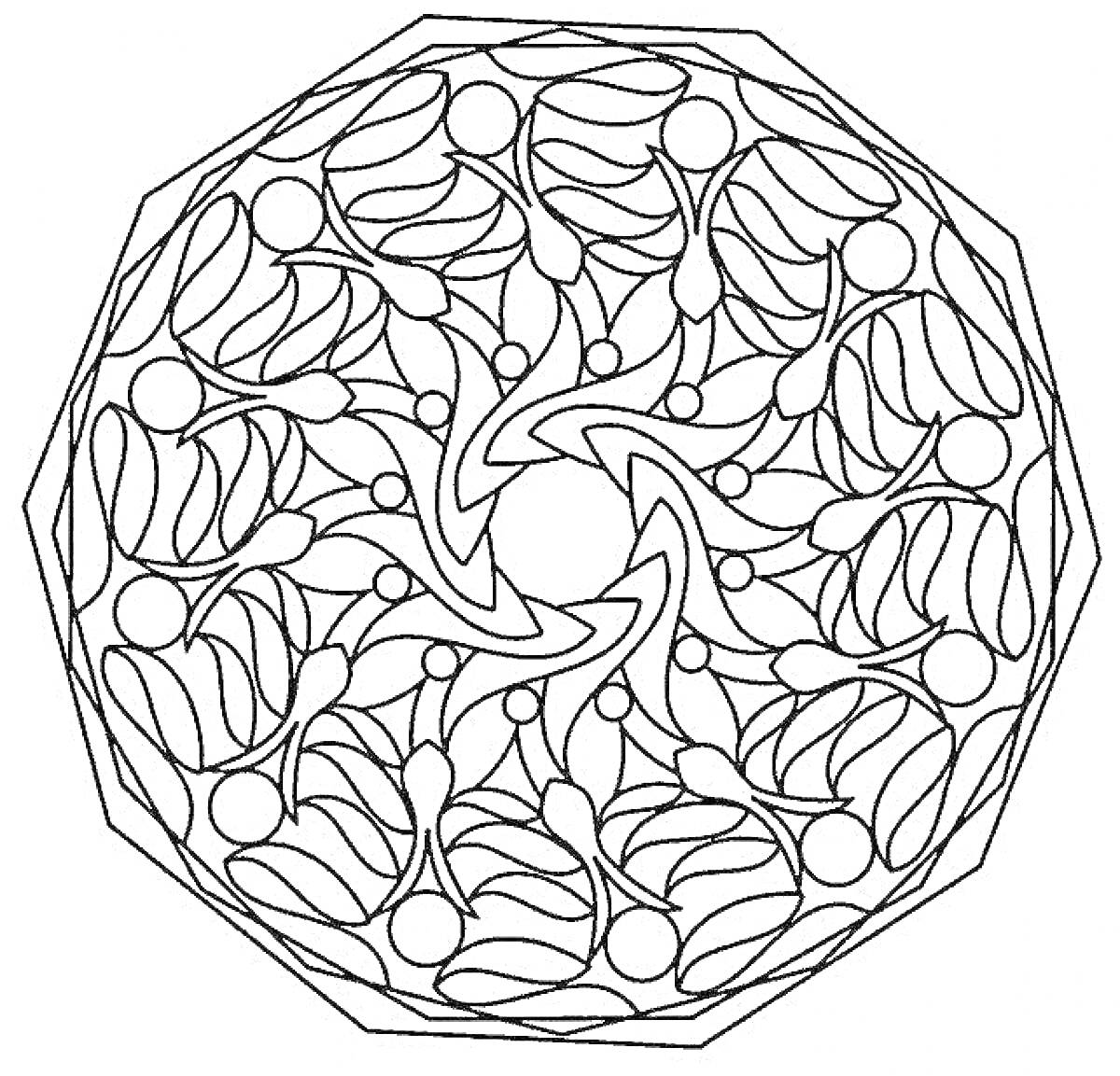 Мандала с кругами и листовидными узорами