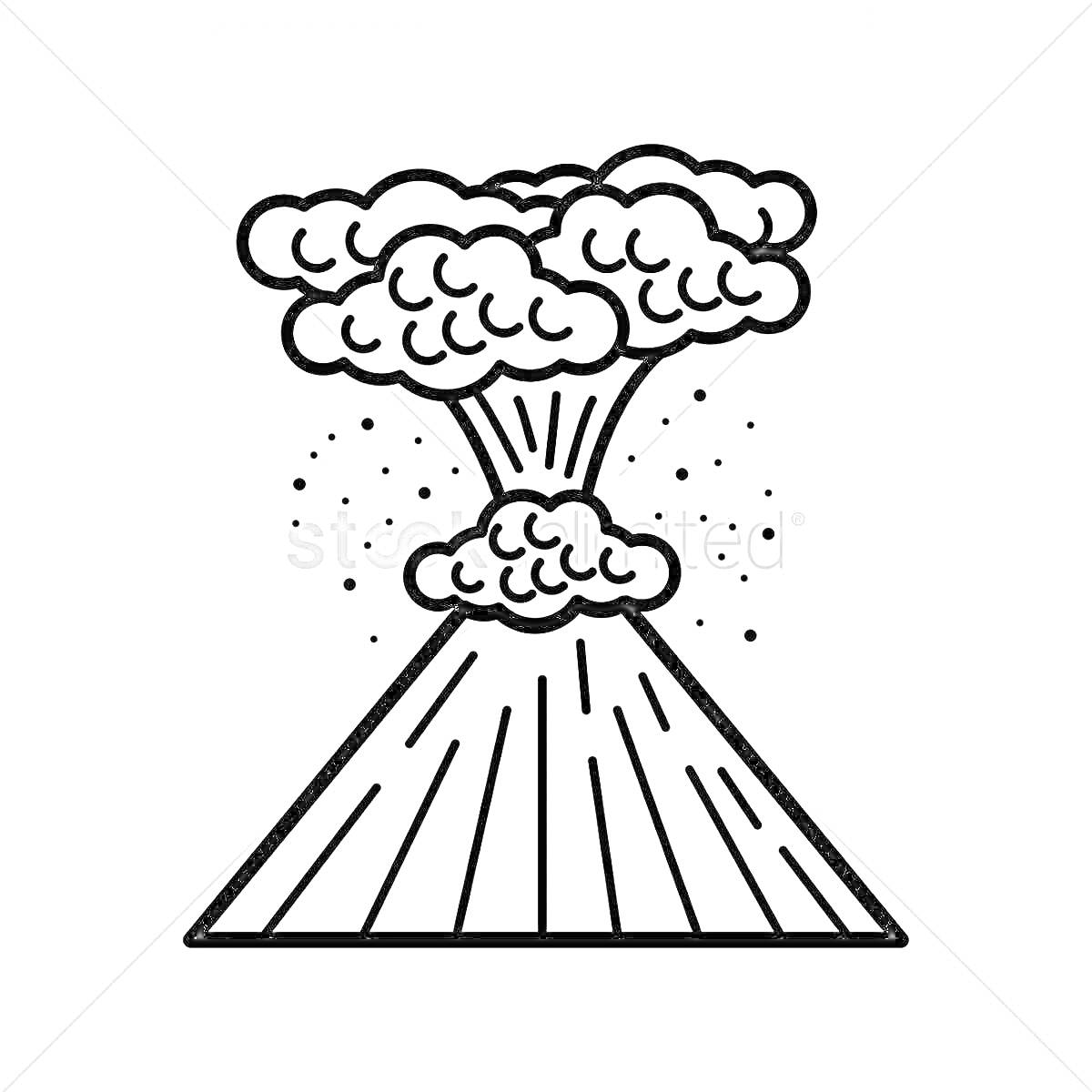 На раскраске изображено: Вулкан, Извержение, Облака, Лава, Природа, Природное явление, Геология