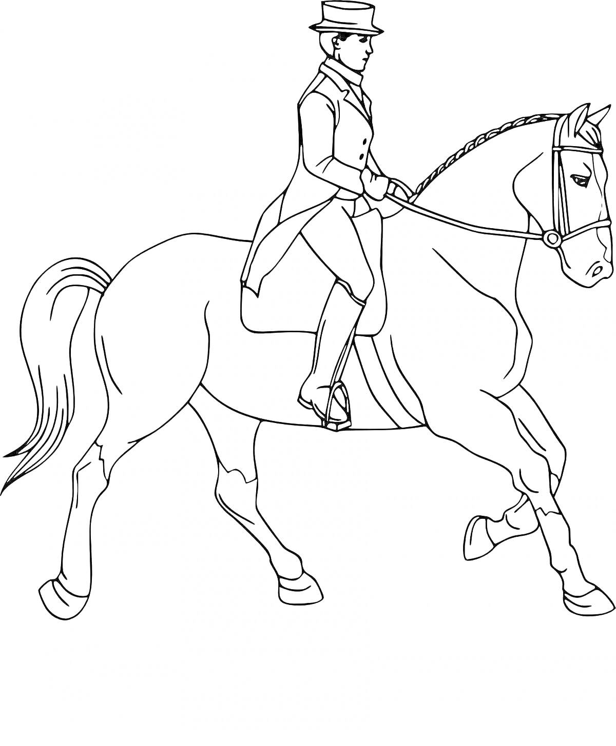 На раскраске изображено: Лошадь, Всадник, Конюшня, Верховая езда, Наездник, Скачки, Спортивная одежда