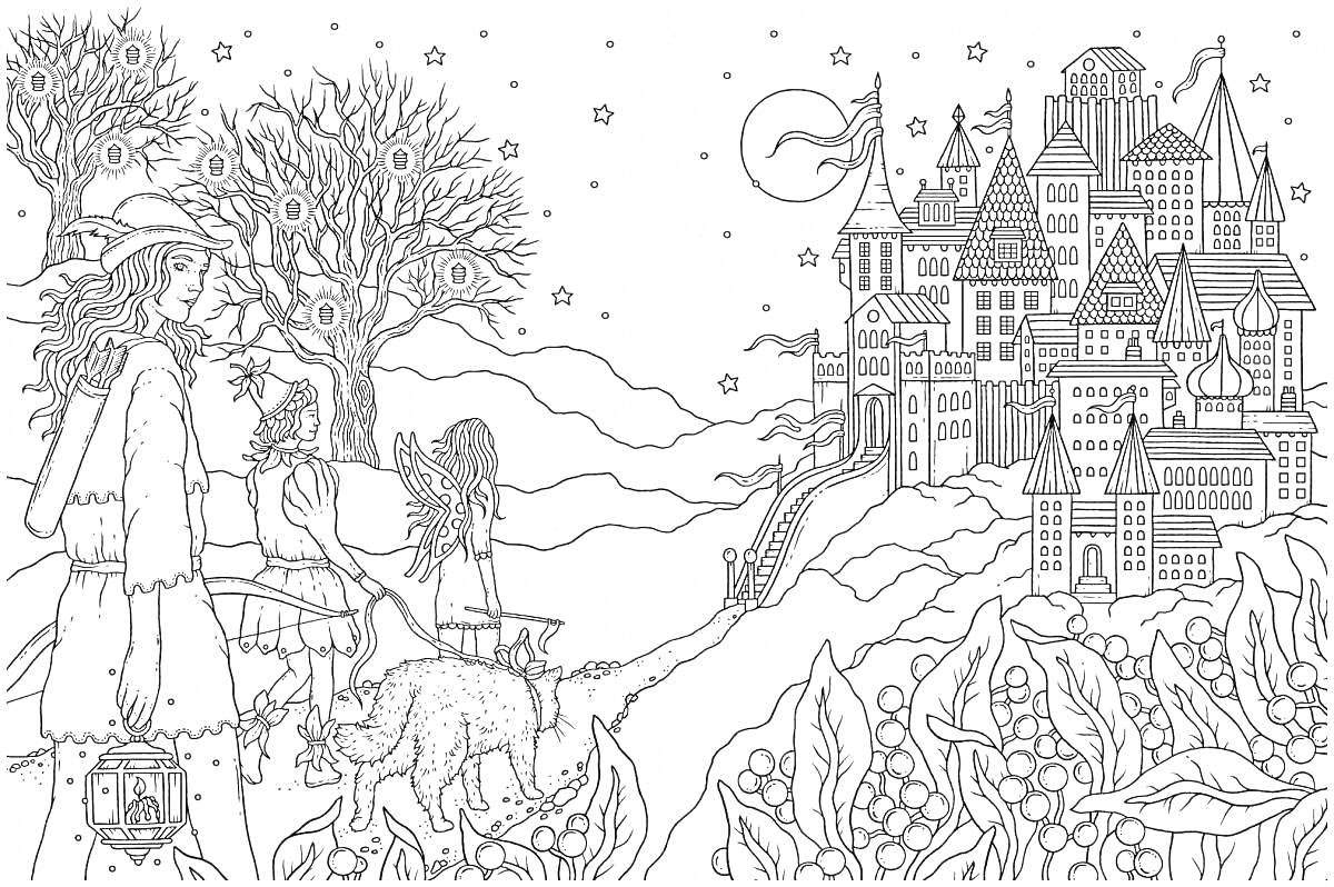 Раскраска Девушка в шляпе с фонарем, девушка на лошади, собака, неприступный замок с башнями, луна, звезды, деревья с совами, цветущий сад