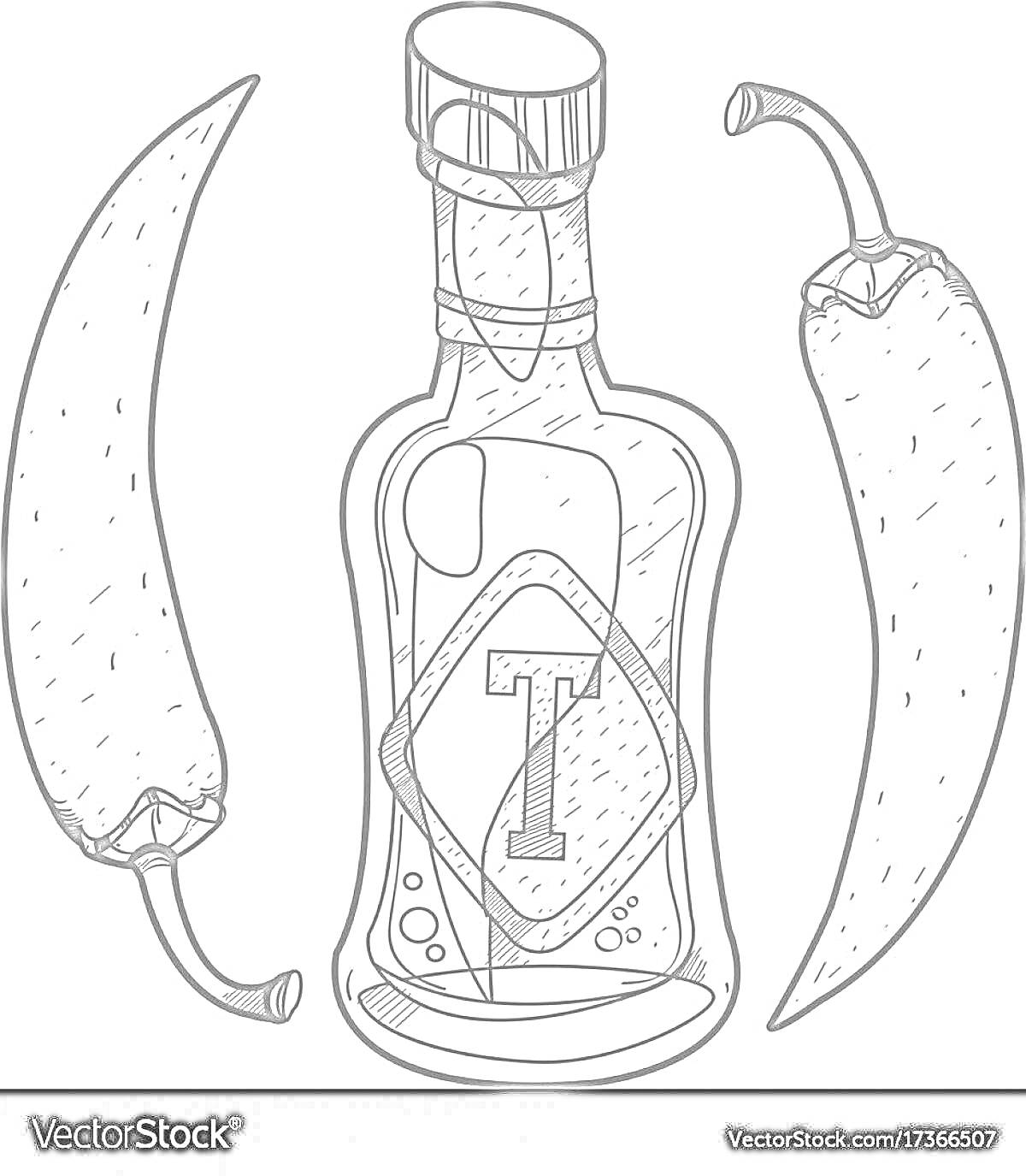 На раскраске изображено: Бутылка, Соус, Перец, Острый, Специи
