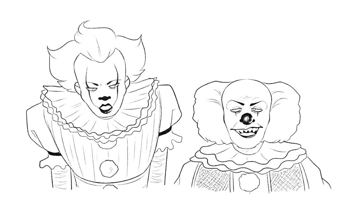 Раскраска Два клоуна Пеннивайза с клоунскими воротниками и характерными прическами