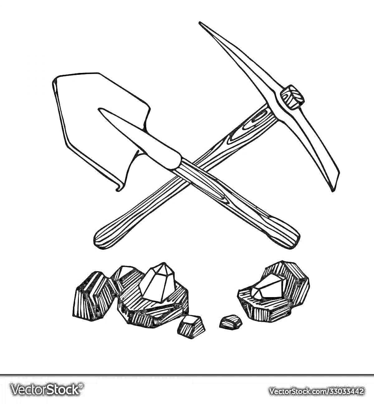 На раскраске изображено: Кирка, Лопата, Камни, Кристаллы, Инструмент, Руда