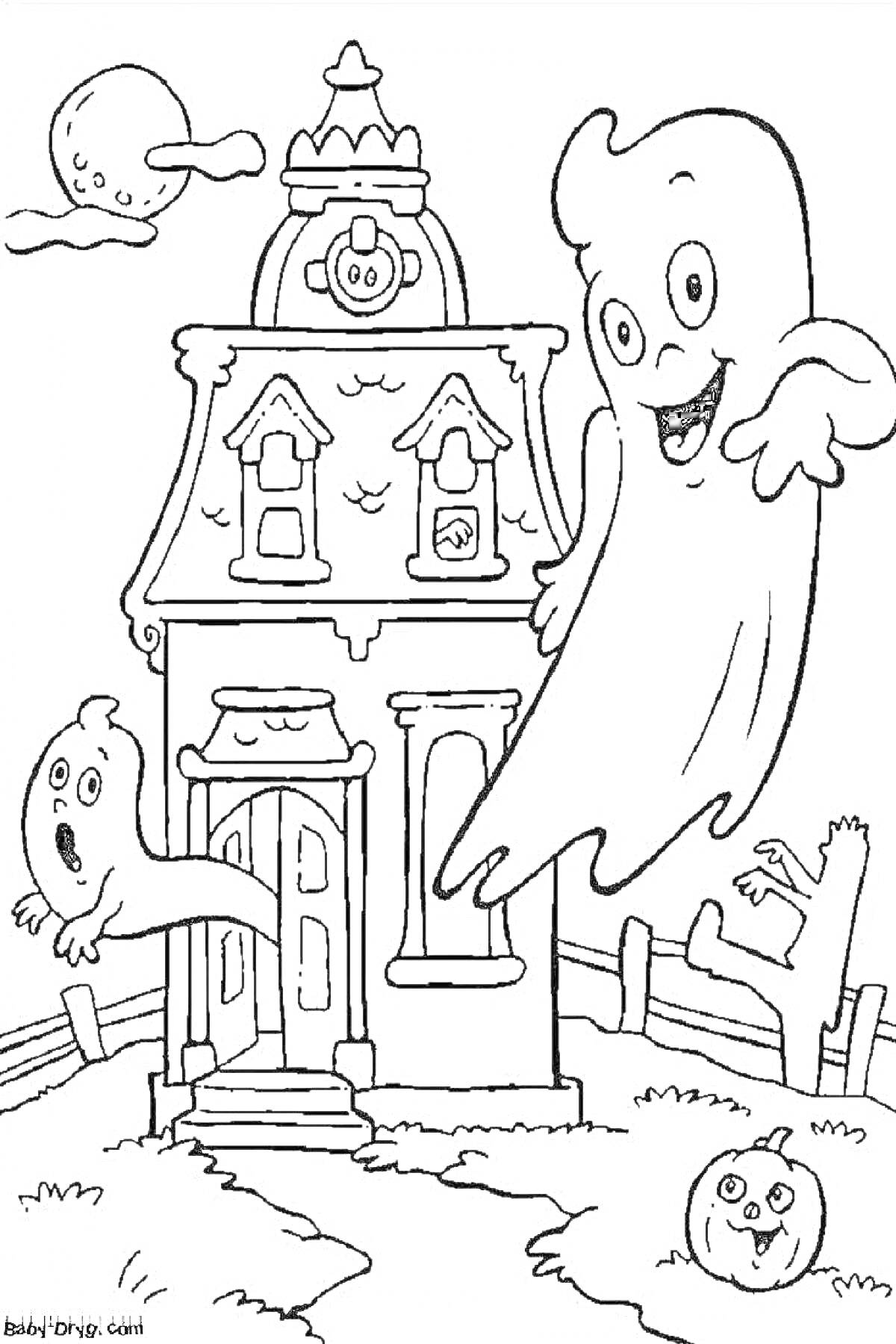 На раскраске изображено: Призрак, Дом с привидениями, Тыква, Хэллоуин, Привидения