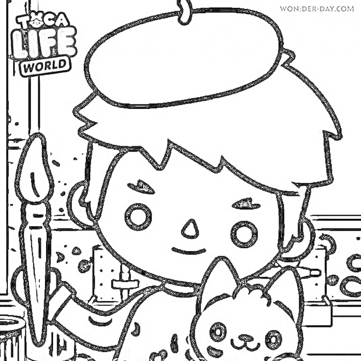 Раскраска Мальчик-художник с кисточкой и котенок, Toca Life World