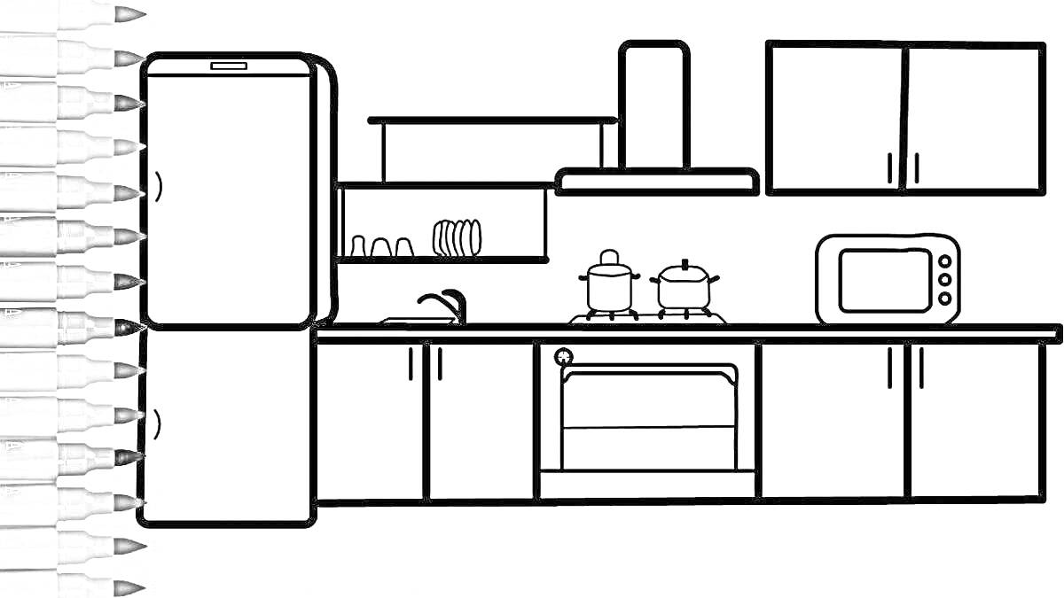 На раскраске изображено: Кухня, Холодильник, Раковина, Полки, Посуда, Плита, Кастрюли, Вытяжка, Духовка, Микроволновая печь, Кухонные принадлежности, Для детей, Шкаф