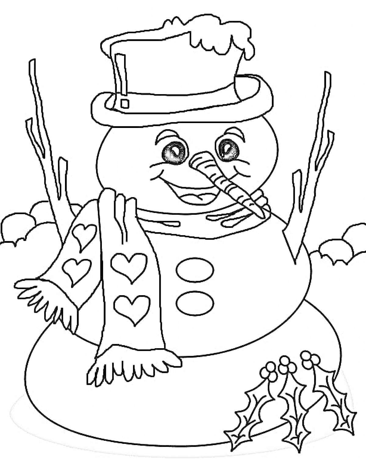 Раскраска Снеговик с шляпой, шарфом, морковным носом, ветками в качестве рук и веточками остролиста